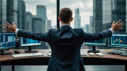 young businessman checking the monitors where information flows in thousands of colorful electrical 