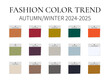 © Vera - Fashion Color Trend Autumn - Winter 2024 - 2025. Trendy colors palette guide. Fabric swatches with color names. Easy to edit vector template for your creative designs.