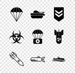 Poster - Set Parachute, Military tank, Chevron, Biohazard rocket, Submarine, symbol and with first aid kit icon. Vector