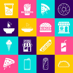 Poster - Set Taco with tortilla, Soda can drinking straw, Pizzeria building facade, Slice of pizza, Nachos plate, Glass water and Burger icon. Vector