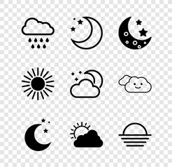 Wall Mural - Set Cloud with rain, Moon and stars, Sun cloud weather, Sunset, and moon icon. Vector