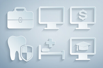 Wall Mural - Set Hospital bed, Monitor with dollar, Dental protection, graduation cap, Computer monitor screen and Toolbox icon. Vector