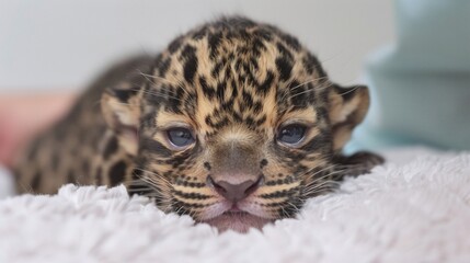 Wall Mural - closeup of tiny baby leopard cub face, newborn animal photography