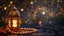 A Golden Ramadhan Lamp With Islamic Rosary Beads On Dark Background. Ramadan - An Important Islamic Festival. Islamic Festive Greeting Card Photo - Generative Ai