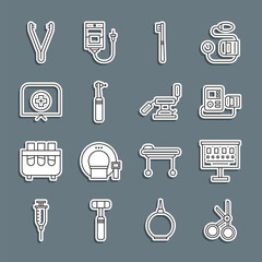 Sticker - Set line Medical scissors, Eye test chart, Blood pressure, Toothbrush, drill, Nurse hat with cross, tweezers and dental chair icon. Vector