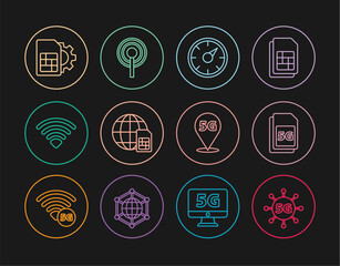 Canvas Print - Set line 5G network, Sim Card, Digital speed meter, Globe, Wi-Fi wireless, card setting, Location and Antenna icon. Vector