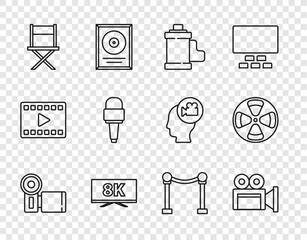 Canvas Print - Set line Cinema camera, Camera film roll cartridge, Screen tv with 8k, Director movie chair, Microphone, Rope barrier and Film reel icon. Vector