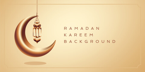 Wall Mural - rose gold ramadan kareem greeting card vector. 3d vector modern Islamic holiday banner, Ramadan Kareem means Ramadan the Generous Month. hanging lantern and crescent moon decor illustration