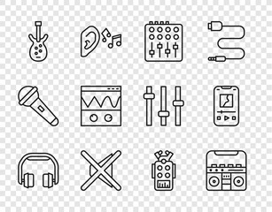 Poster - Set line Headphones, Home stereo with speakers, Sound mixer controller, Speaker mute, Electric bass guitar, Oscilloscope, Microphone and Music player icon. Vector