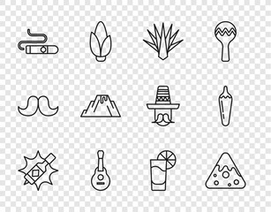 Sticker - Set line Tabasco sauce, Nachos, Agave, Mexican guitar, Cigar, Volcano eruption with lava, Tequila glass lemon and Hot chili pepper pod icon. Vector