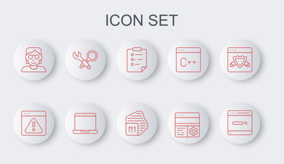 Set line Search engine, Browser with exclamation mark, Clipboard checklist, Debugging, Hacker or coder, Laptop and Processor icon. Vector