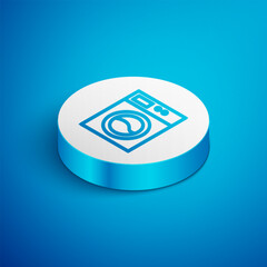 Sticker - Isometric line Washer icon isolated on blue background. Washing machine icon. Clothes washer - laundry machine. Home appliance symbol. White circle button. Vector