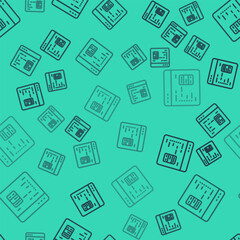 Black line Software, web developer programming code icon isolated seamless pattern on green background. Javascript computer script random parts of program code. Vector