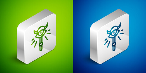 Canvas Print - Isometric line Magic staff icon isolated on green and blue background. Magic wand, scepter, stick, rod. Silver square button. Vector