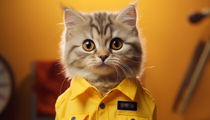 cute cat in a yellow uniform on a yellow background. shot on sony A7R with 1.2 lens, photorealistic --ar 7:4 --stylize 250 --v 5.2 Job ID: 0c66527f-e303-4dcb-8d50-baa7c2df942e