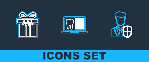 Sticker - Set line User protection, Gift box and Laptop with dental card icon. Vector