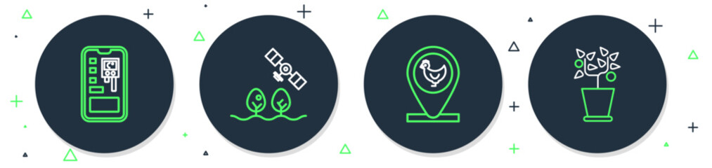 Poster - Set line Smart farm with drone, Chicken and location, control farming system and Plant pot icon. Vector