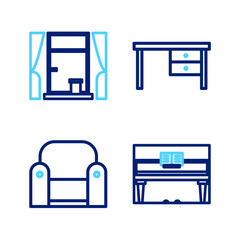 Sticker - Set line Grand piano, Armchair, Office desk and Window with curtains icon. Vector