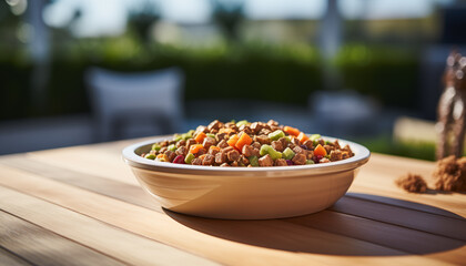 Wall Mural - dog food in a special dog bowl with a blurred dog background. 