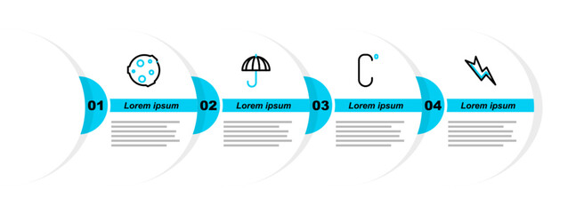 Wall Mural - Set line Lightning bolt, Celsius, Umbrella and Moon icon. Vector