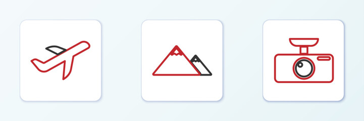 Poster - Set line Car DVR, Plane and Mountains icon. Vector