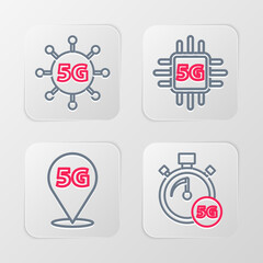 Sticker - Set line Digital speed meter 5G, Location network, Processor and icon. Vector