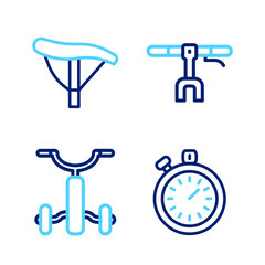 Sticker - Set line Stopwatch, Bicycle for kids, handlebar and seat icon. Vector