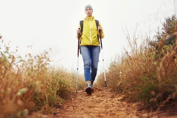 Canvas Print - Hiking, woman and exercise with trekking pole in a bush path or forest trail for walking, workout or fitness on winter morning. Adventure, person or hiker in nature with backpack on holiday or travel