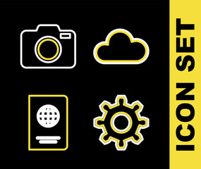 Canvas Print - Set line Cloud, Cogwheel gear settings, Passport and Photo camera icon. Vector