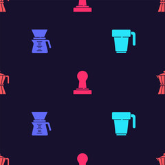 Poster - Set Coffee cup, Pour over coffee maker, tamper and moca pot on seamless pattern. Vector