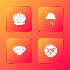 Poster - Set Shell with pearl, Jellyfish, Scallop sea shell and Caviar on plate icon. Vector