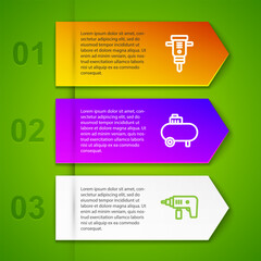 Wall Mural - Set line Construction jackhammer, Air compressor and Electric drill machine. Business infographic template. Vector