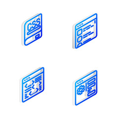 Sticker - Set Isometric line Browser files, Books about programming, Software and setting icon. Vector