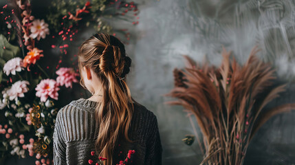 Thoughtful young woman with long blond hair in a gray sweater standing with her back to the camera, looking at a floral arrangement.