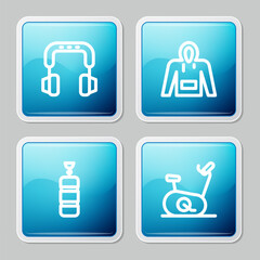 Canvas Print - Set line Headphones, Hoodie, Punching bag and Stationary bicycle icon. Vector