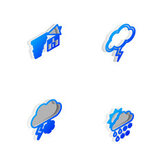 Sticker - Set Isometric line Storm, Tornado swirl, Cloud with snow and lightning and snow, rain, sun icon. Vector