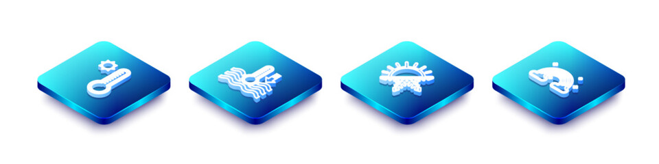 Sticker - Set Isometric line Meteorology thermometer, Water, Sun and snowflake and Rainbow with clouds icon. Vector