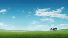 A Black And White Cow Standing In The Middle Of A Field Of Green Grass Under A Blue Sky With Clouds.