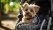 a puppy looks out of a baby stroller.