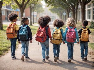 Group of young diverse children with backpacks walking together embodying the back to school concept on their first day of school