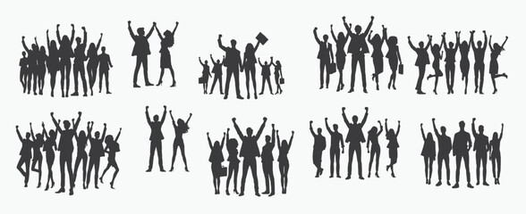 Poster - business people vector silhouette Teamwork of people raising their hands to sky, family business team concept.