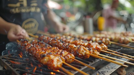 Street Food. Juicy barbecue skewers sizzling over a smoky charcoal grill at an outdoor market.