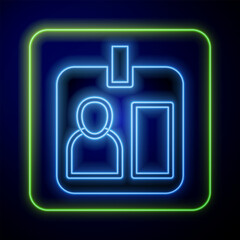 Poster - Glowing neon Press journalist vertical badge icon isolated on blue background. Media identification id card. Vector