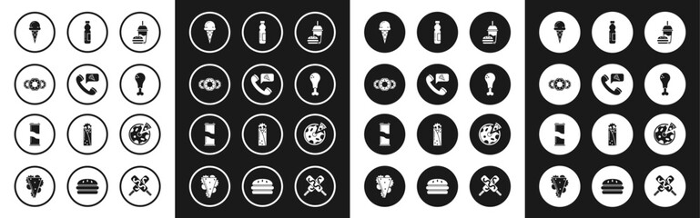 Canvas Print - Set Paper glass with drinking straw and burger, Food ordering pizza, Donut sweet glaze, Ice cream waffle cone, Chicken leg, Bottle of water, Pizza and Soda can icon. Vector