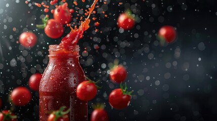 Wall Mural - Ketchup or tomato sauce falling from bottle over dark background
