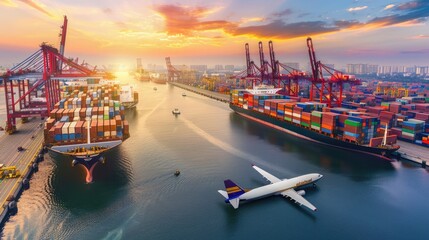 Wall Mural - Logistics and transportation of Container Cargo ship and Cargo plane with working crane bridge in shipyard, logistic import export and transport industry background
