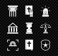 Sticker - Set Law pillar, Oath on the Holy Bible, Flasher siren, Fingerprint, bible book, Police badge, Courthouse building and Old hourglass icon. Vector