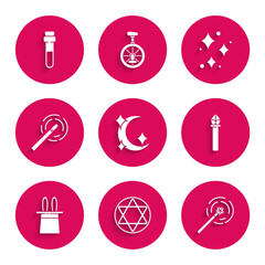 Poster - Set Moon and stars, Star of David, Magic wand, staff, Magician hat rabbit ears, Sparkle with magical glitter and Bottle love potion icon. Vector