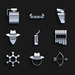 Sticker - Set Dynamite bomb, Western cowboy hat, Bow and arrow in quiver, Pan flute, Hexagram sheriff, Cowboy, Revolver gun holster and Canteen water bottle icon. Vector