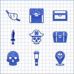 Sticker - Set Pirate captain, Spyglass telescope lens, Location pirate, Antique treasure chest, Skull, sword, and eye patch icon. Vector